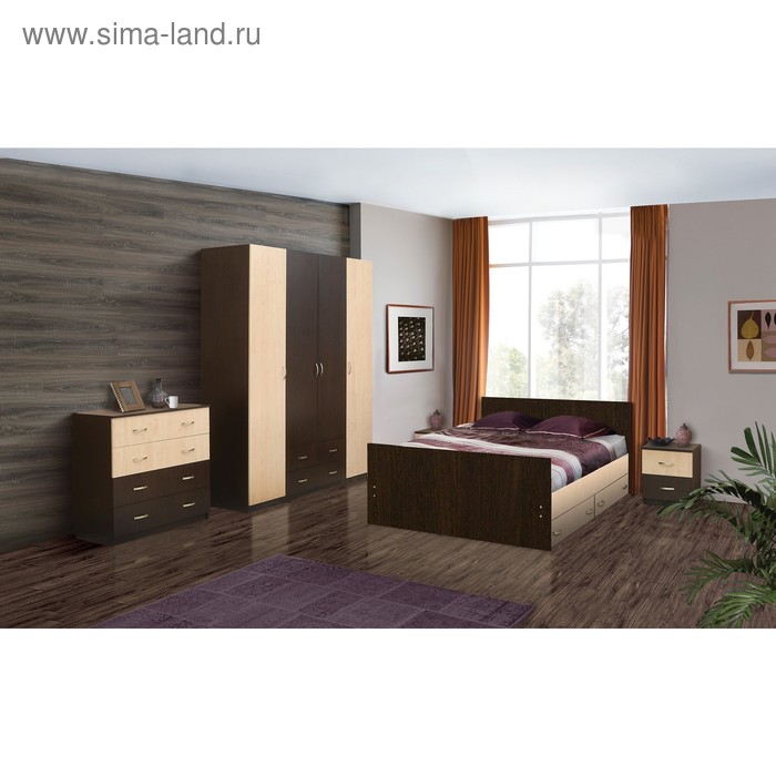 фото Спальня «венеция 11», кровать 140 × 200 см, шкаф 4-х дверный, 2 тумбочки, комод, венге, клён матрица