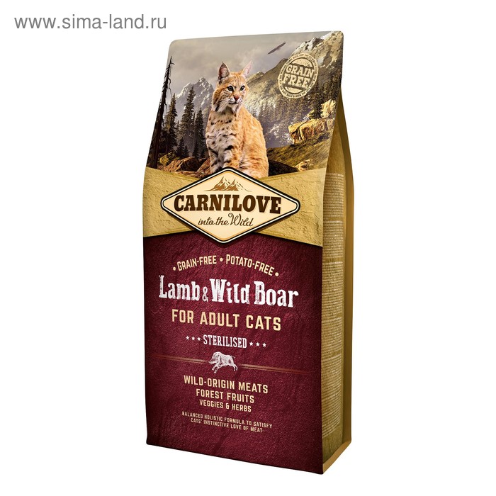 Cухой корм Carnilove Lamb Wild Boar Sterilised для кошек, ягнёнок/дикий кабан, 6 кг