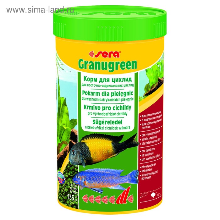 

Корм Sera Granugreen для растительноядных цихлид, 250 мл, 135 г
