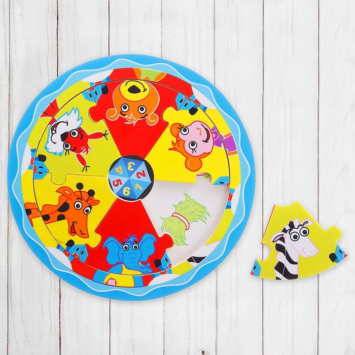 Пазл круглый в цветной рамке, кто что ест "Дикие звери", 6 элементов