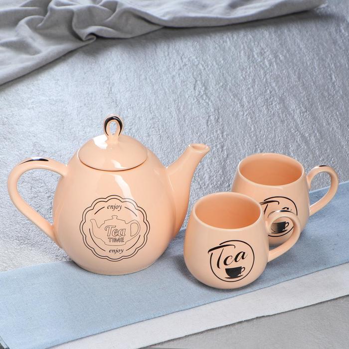 фото Чайный набор "петелька" чайник 0,8 л, чашка 0,22 л, персиковый, глазурь, рисунок керамика ручной работы