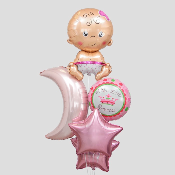 Букет из шаров «С рождением девочки», луна, звезда, младенец, фольга, набор 5 шт.