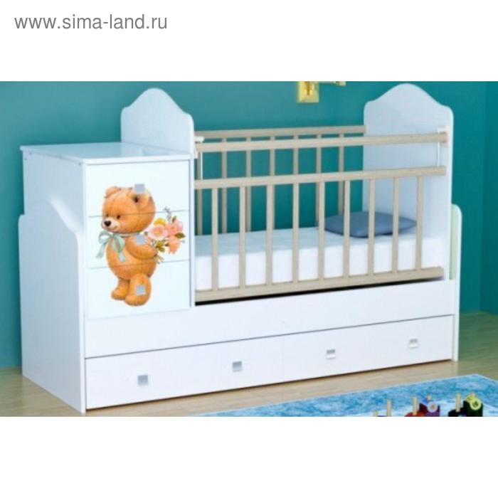 фото Детская кровать-трансформер infanzia c стопором и пвх накладками (белый) c уф "мишка с цветами" вдк