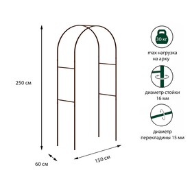 Арка садовая, стальные трубы d = 15, 250 × 150 × 60 см, цвет коричневый Ош
