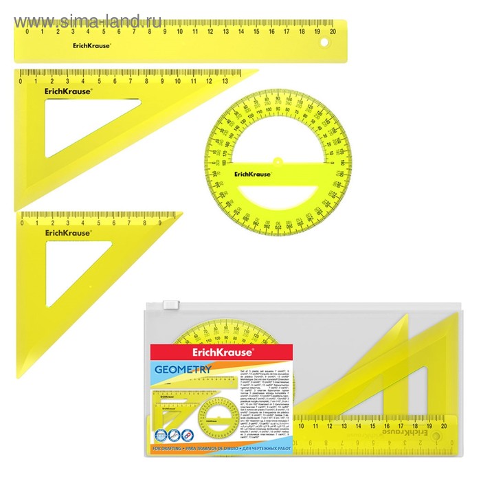 Набор геометрический ErichKrause Neon, средний (угольник - 2 штуки, линейка - 20 см, транспортир), жёлтый