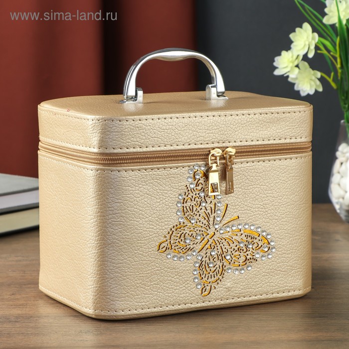 

Шкатулка кожзам с зеркалом "Золотая бабочка" стразы, беж 16,5х14,5х21 см
