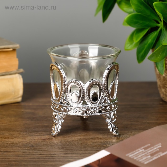 Подсвечник пластик, стекло на 1 свечу Капельки серебро 7х6х6 см