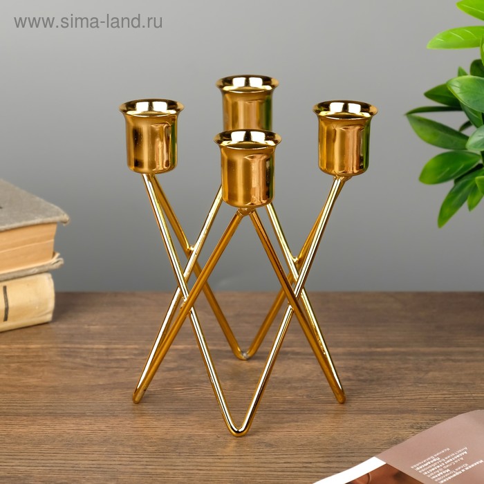 цена Подсвечник металл на 4 свечи Треугольники золото 14х9х9 см
