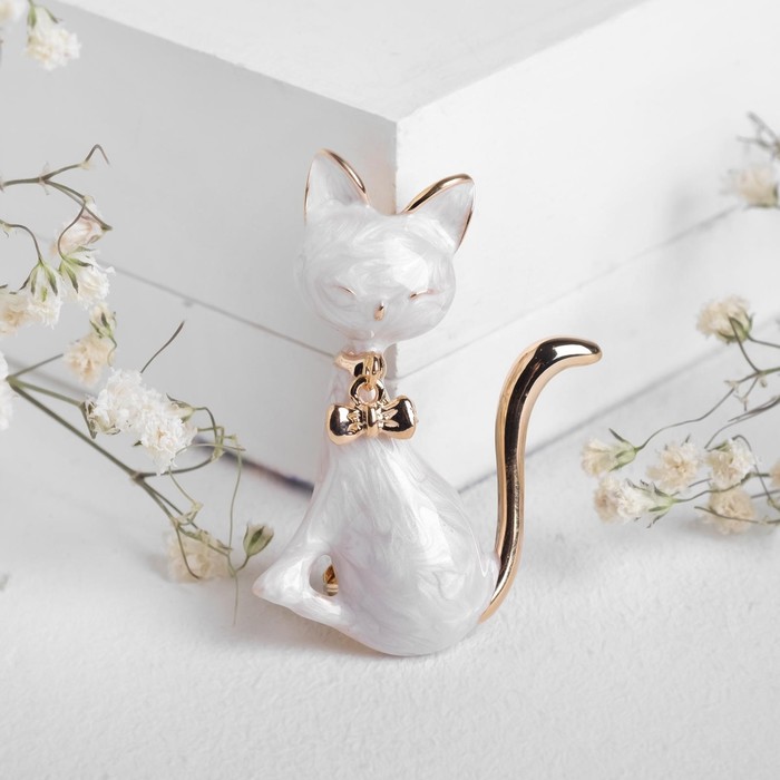 Брошь «Котёнок» с подвижным бантиком, цвет белый в золоте брошь котёнок с подвижным бантиком цвет белый в золоте