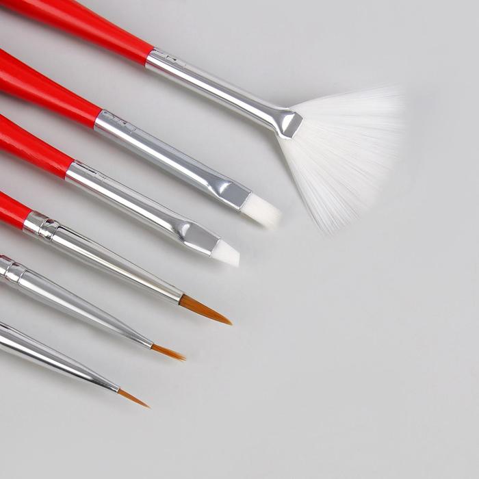 Набор кистей для дизайна ногтей, 6шт, цвет красный