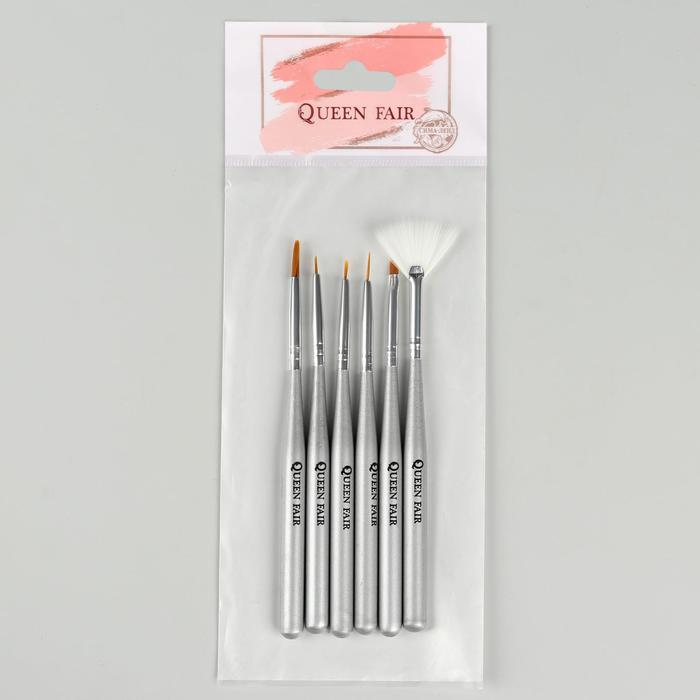 Набор кистей для дизайна ногтей, 6шт, цвет серебристый