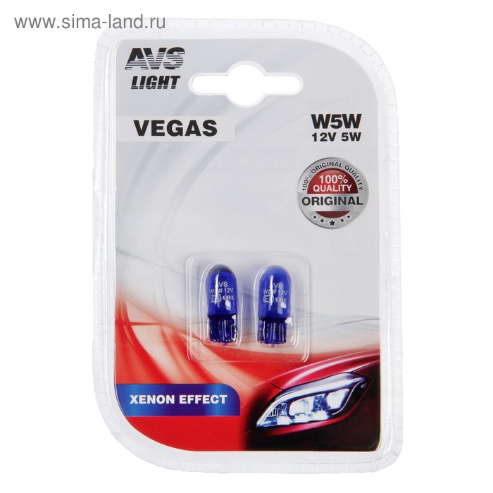 Лампа автомобильная AVS Vegas xenon effect, W5W, 12 В, 5 Вт, набор 2 шт лампа автомобильная avs spectras xenon 5000k h11 12 в 75 вт t10 набор 2 шт