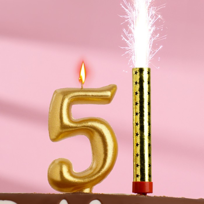 фото Набор свеча для торта цифра 5 гигант, золотая, с фонтаном страна карнавалия