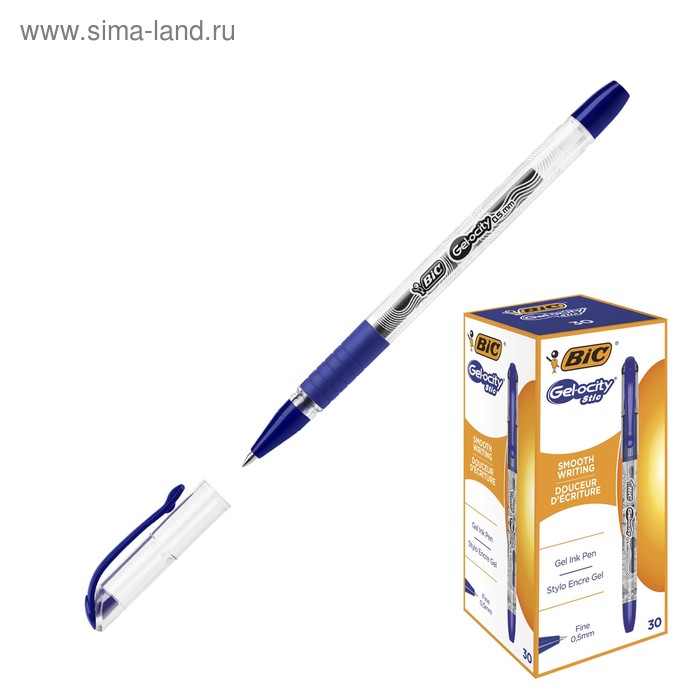 Ручка гелевая, синяя, тонкое письмо 0,5 мм, BIC Gelocity Stiс, удобный держатель для письма
