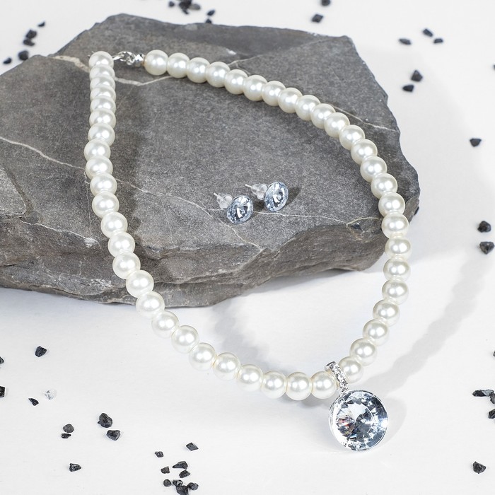 Набор 2 предмета: серьги, колье "Антуанетта" кристаллы, цвет белый в серебре