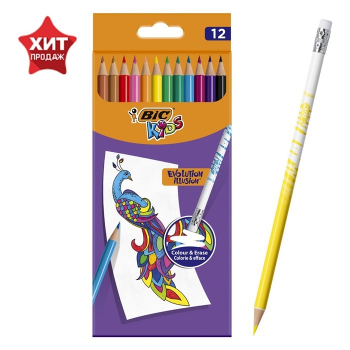 

Карандаши 12 цветов BIC Kids Illusion, детские, шестигранные, с ластиком, стираемые