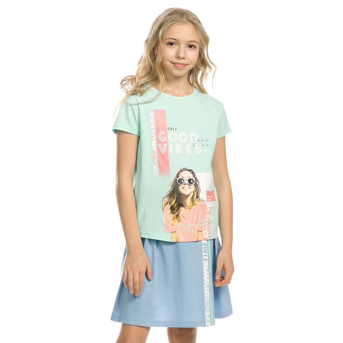 Комплект из футболки и юбки для девочки, рост 146 см, цвет ментол