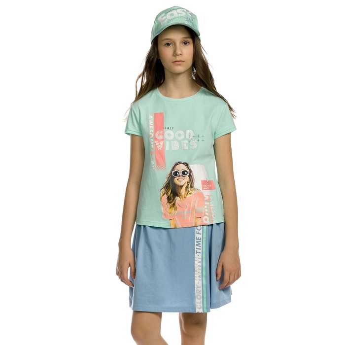 Комплект для девочки из футболки и юбки, рост 158 см, цвет ментол