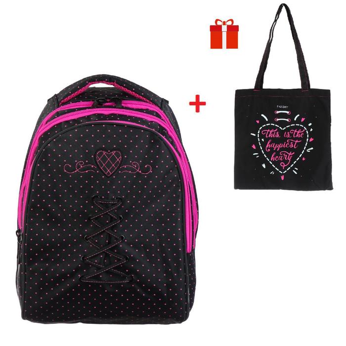 фото Рюкзак школьный hatber sreet 42 х 30 х 20, для девочки love + сумка-шоппер, чёрный/сиреневый