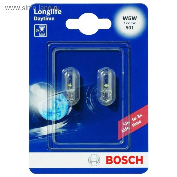 фото Лампа автомобильная bosch longlife daytime +10%, w5w, 12 в, 5 вт, (w2,1x9,5d), набор 2 шт, 1987301052