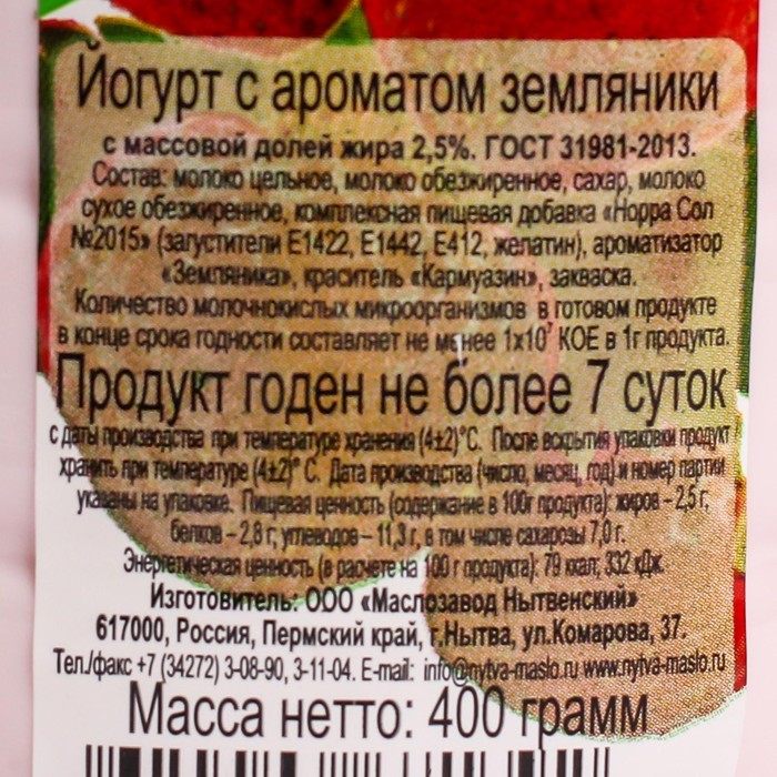 

Йогурт Нытва земляника 2,5% 400г бут