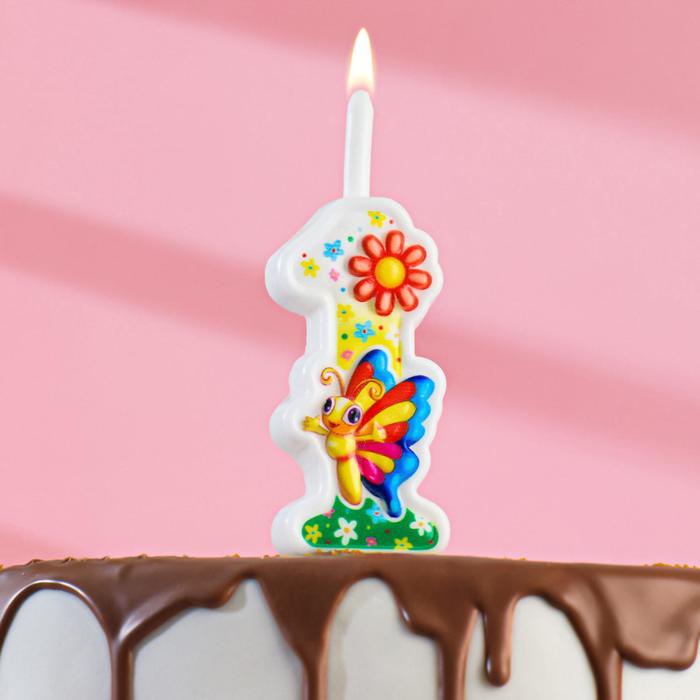 Свеча для торта С Бабочкой, 10,2 см, разноцветная цифра 1 