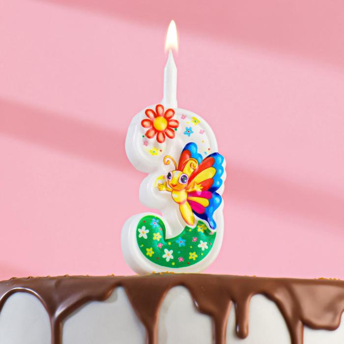 Свеча для торта С Бабочкой, 12 см, разноцветная цифра 3 