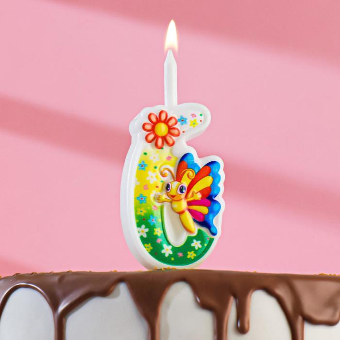 Свеча для торта С Бабочкой, 10,2 см, разноцветная цифра 6 