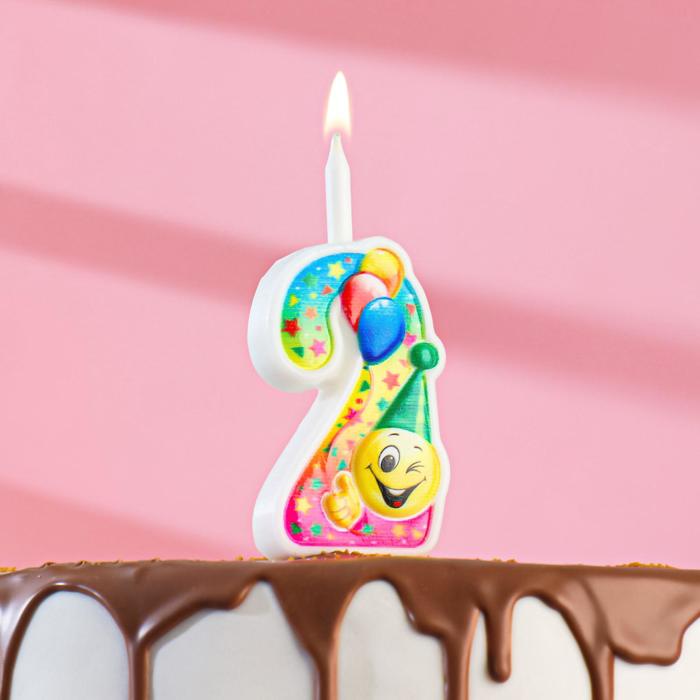 Свеча для торта Смайлик с шарами, 9,9 см, цифра 2 свеча для торта смайлик с шарами 12 2 см цифра 9