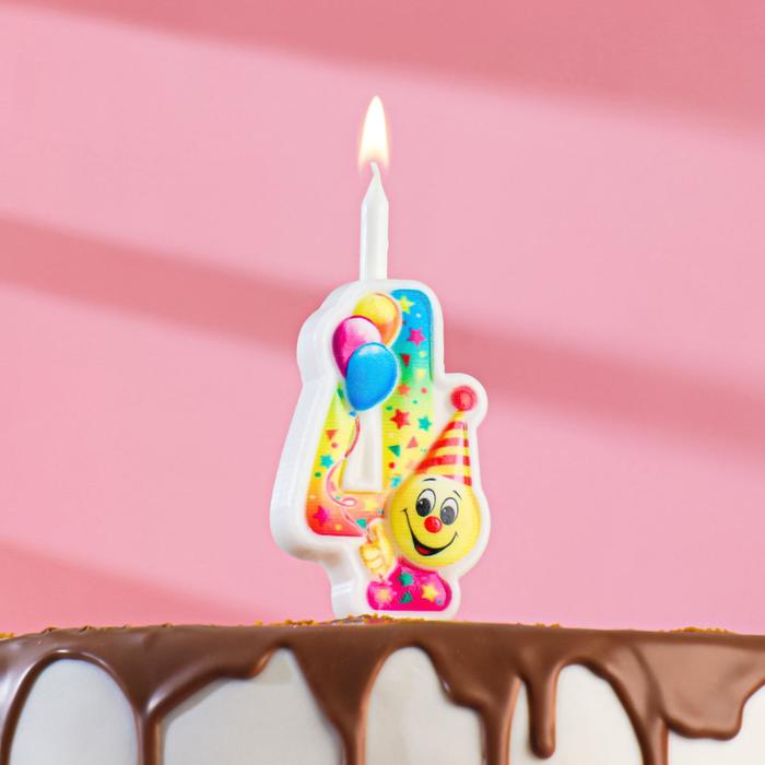 Свеча для торта Смайлик с шарами, 9,9 см, цифра 4 свеча для торта смайлик с шарами 12 2 см цифра 9