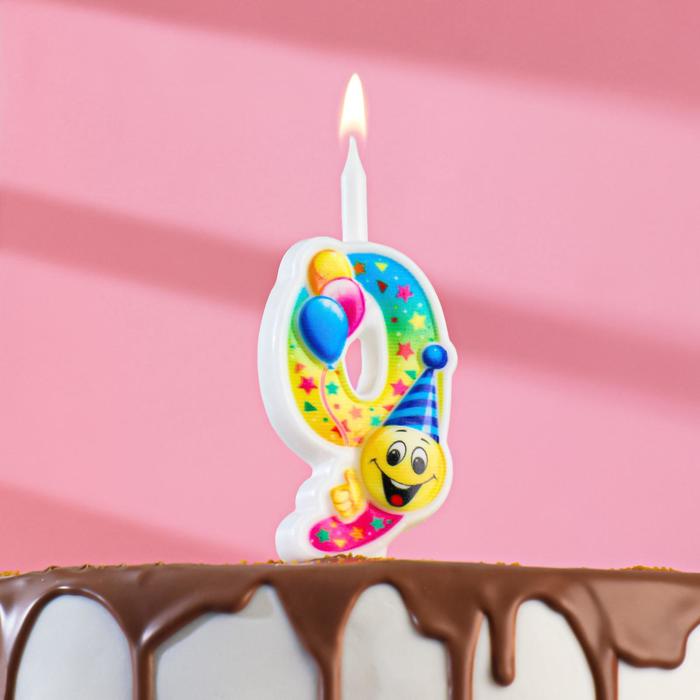 Свеча для торта Смайлик с шарами, 9,9 см, цифра 9 свеча для торта смайлик с шарами 12 2 см цифра 9