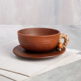 

Чашка на блюдце, гладкая, вальцованная, плетенная ручка, 0.4 л