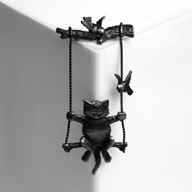 Брошь «Кот на качелях» в чернёном серебре