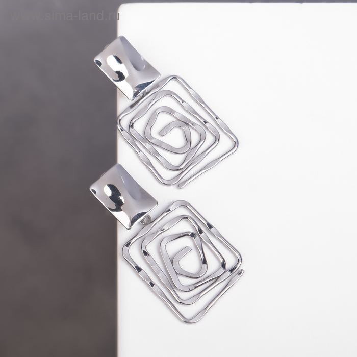 Серьги металл «Врата» два квадрата, цвет серебро