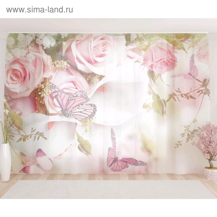 Фототюль «Розы и бабочки», размер 290 х 260 см, вуаль