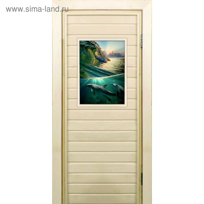 Дверь для бани со стеклом (40*60), Дельфины, 180×70см, коробка из осины