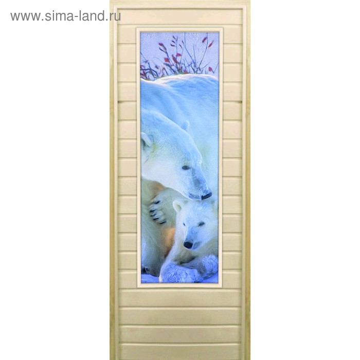 фото Дверь для бани со стеклом (43*129), "белые медведи", 180×70см, коробка из осины добропаровъ