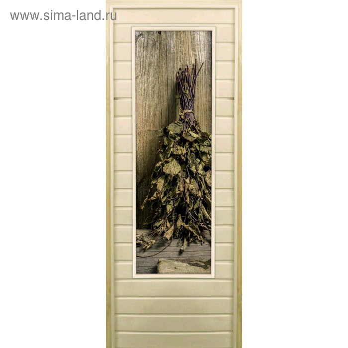 фото Дверь для бани со стеклом (43*129), "веник в бане-2", 180×70см, коробка из осины добропаровъ