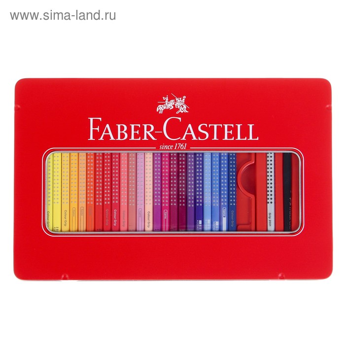 фото Карандаши цветные акварельные 48 цветов faber-castell grip 2001, трёхгранные с массажными шашечками, дополнительно: кисть, точилка, карандаш чернографитный, в металлическом пенале
