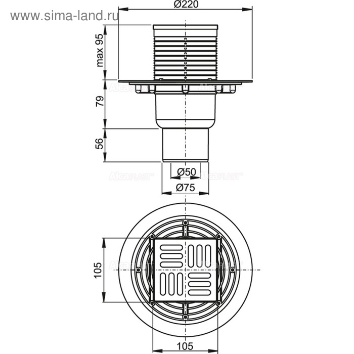 

Сливной трап Alcaplast APV201, 105×105/50/75 мм, прямой сток, гидрозатвор мокрый