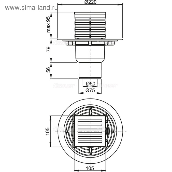 

Сливной трап Alcaplast APV203, 105×105/50/75 мм, прямой сток, гидрозатвор мокрый