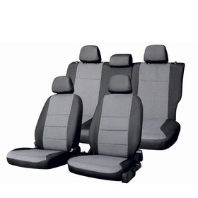 

Чехлы сиденья Skoda Octavia A7, комплектации Ambition, Active, без подлокотника,с 2012 Жаккард 11 предметов Skyway Черный/Серый Sk1-2