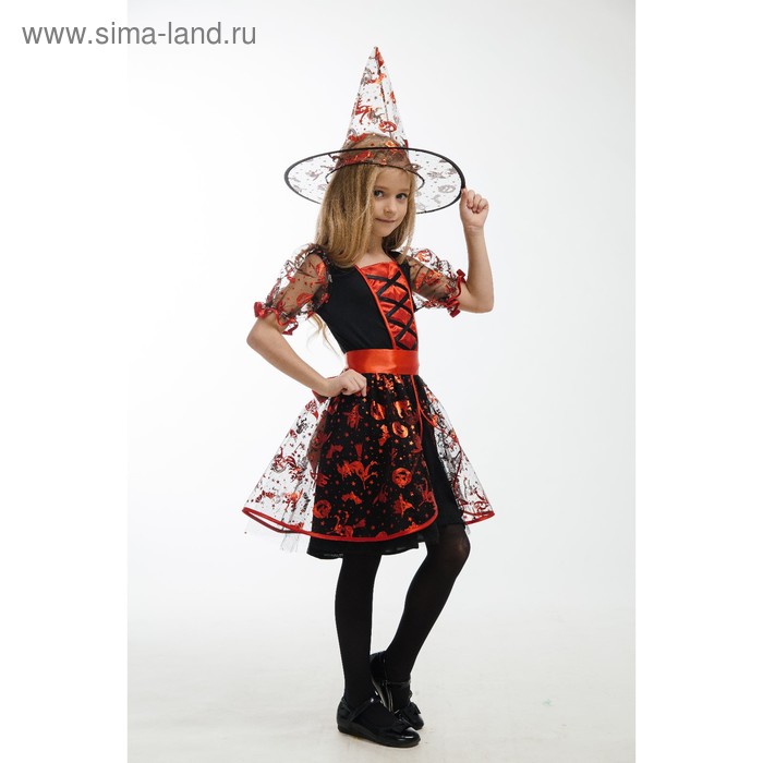 Карнавальный костюм «Ведьма в красном», платье, головной убор, пояс, р. 30, рост 122 см