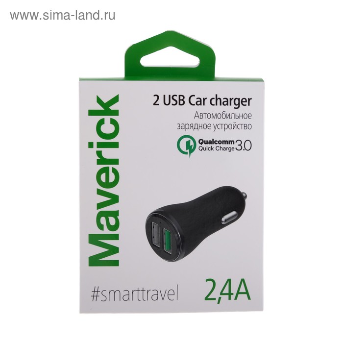 Купить Автомобильное зарядное устройство Maverick, 2 USB, 2.4A, быстрый заряд QC 3.0, черное Автомобильное зарядное устройство Maverick, 2 USB, 2.4A, быстрый заряд QC 3.0, черное