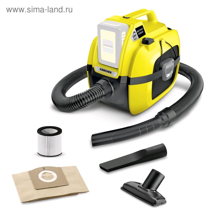 Пылесос Karcher WD1 Compact Battery, беспроводной, 230 Вт, 7 л, шланг 1.2 м, чёрно-жёлтый