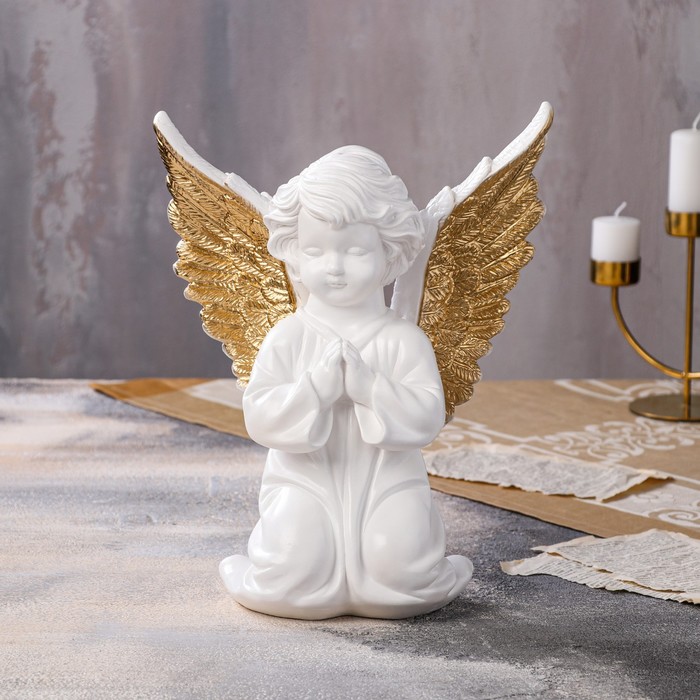фото Статуэтка "ангел с крыльями", бело-золотой, 35 см premium gips