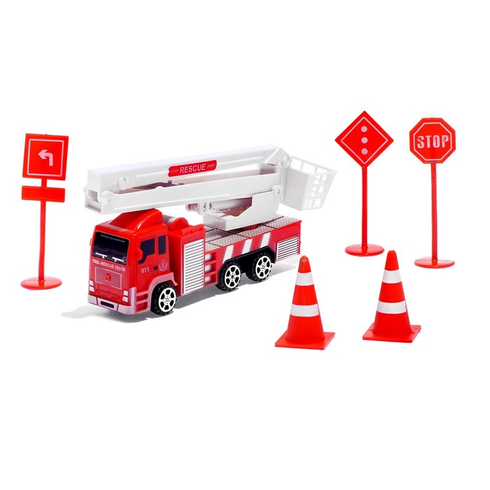 Машина инерционная "Пожарная бригада" и дорожные знаки, МИКС