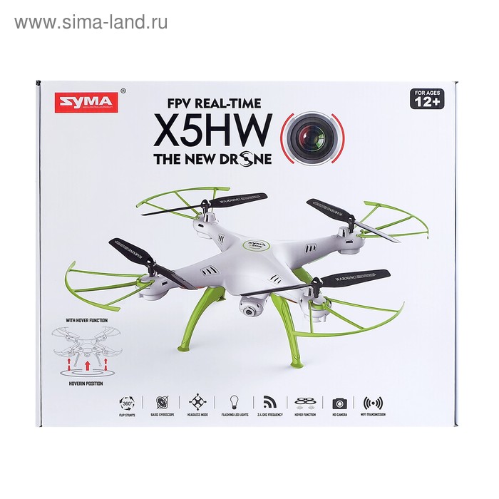 Купить Квадрокоптер SymaX5HW, камера 0,3 Mpx, передача изображения на смартфон, барометр, цвет белый Квадрокоптер SymaX5HW, камера 0,3 Mpx, передача изображения на смартфон, барометр, цвет белый