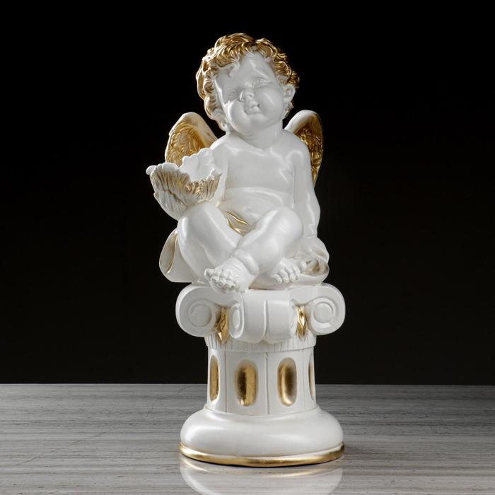Ангелочки и эльфы Статуэтка Ангел с чашей на колонне бело-золотой, 49 см