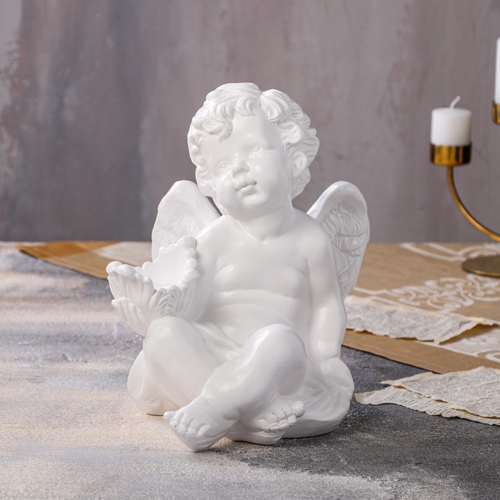 фото Статуэтка "ангел с чашей сидит", большая, белая, гипс, 30 см premium gips